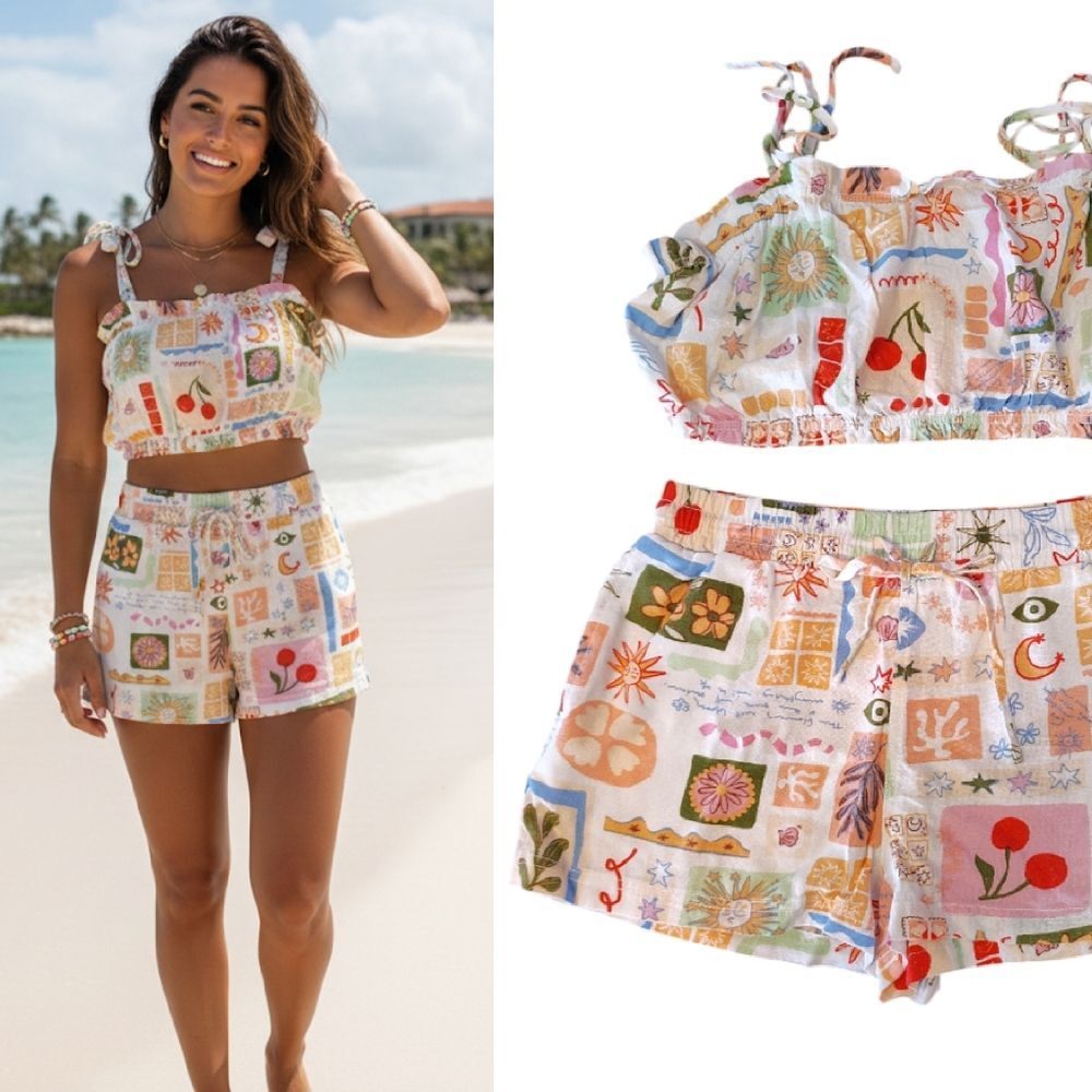 Sweethearts 2 Piece Tropical Cropped Top and Shorts Set Large NWT Linen Blend